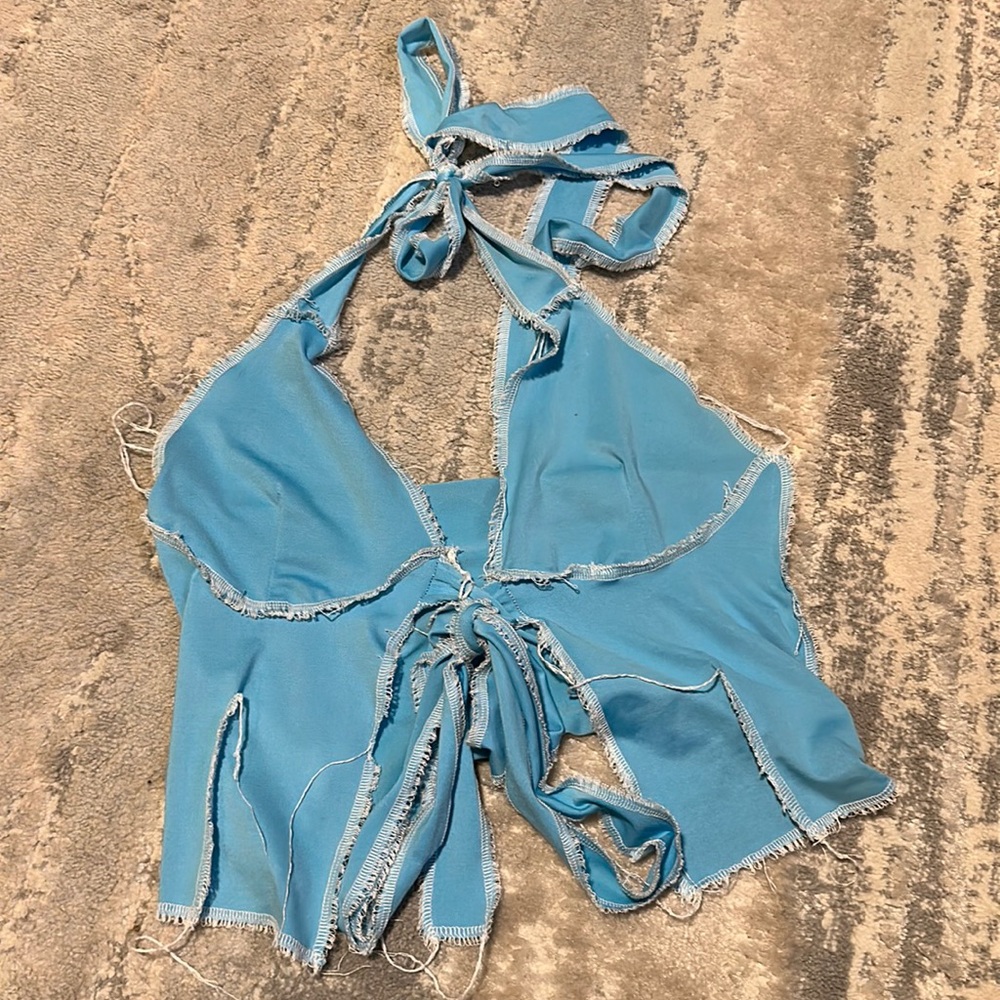 Sexy white raggedy halter top blue and white